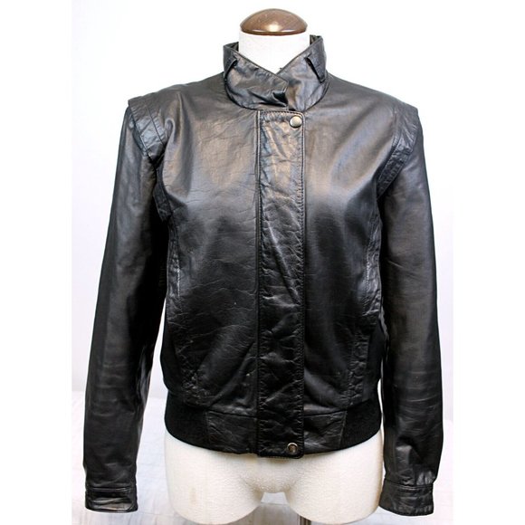 Vtg 80s Bert Paley Designer Collection Woman S Black Leather Jacket High Collar - Picture 2 of 9